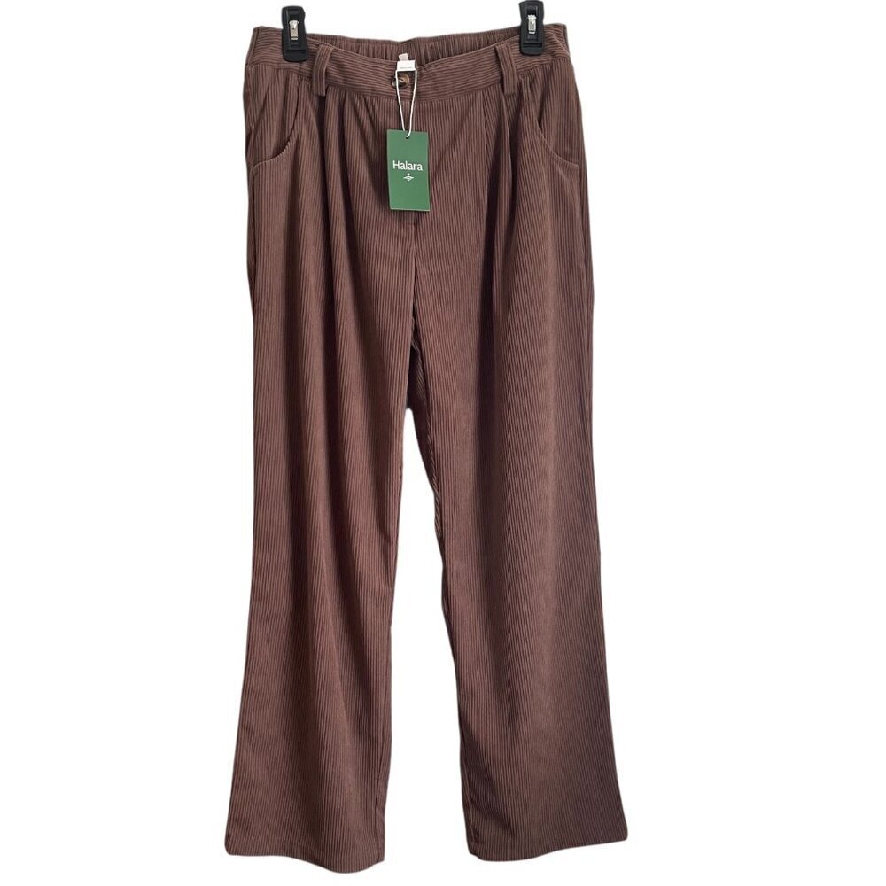 Halara Brown Corduroy Straight Leg Pants M High Waist Pleated Trousers Casual